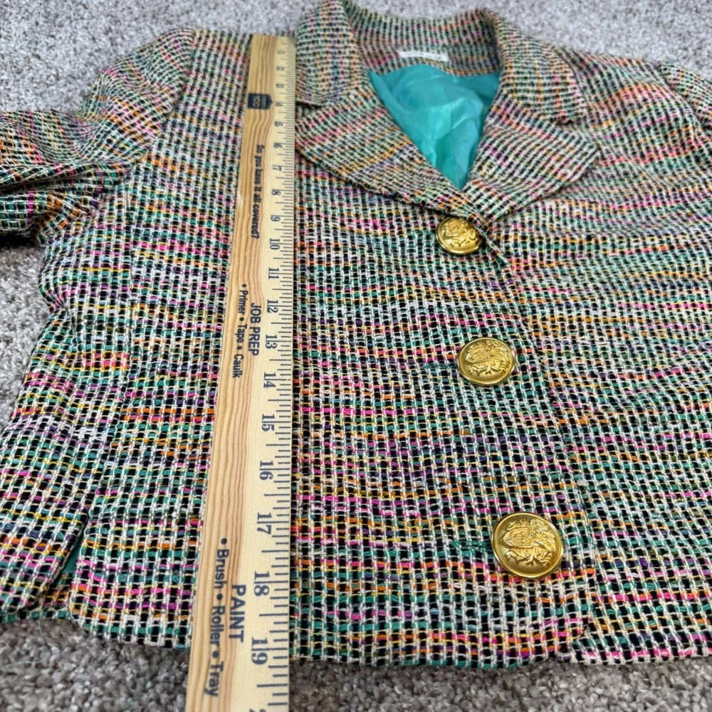 Ann May Womens 100% Silk Rainbow Tweed Cropped Blazer Gold Crest Buttons 10